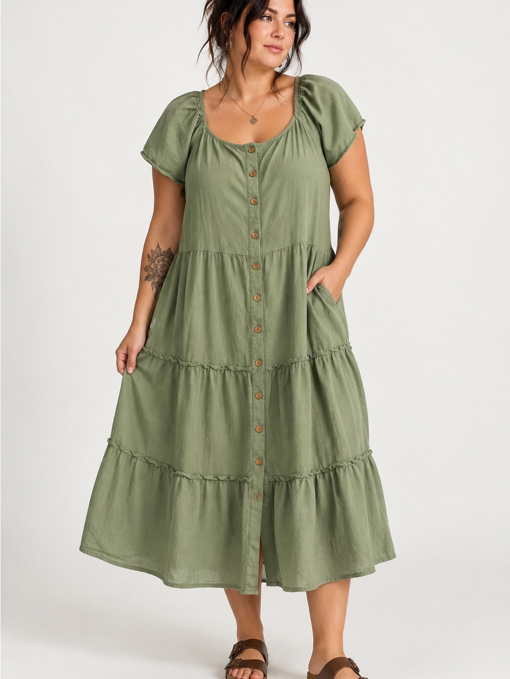 Sage Green Linen blend Button-Front Tiered Minimalist Midi Dress